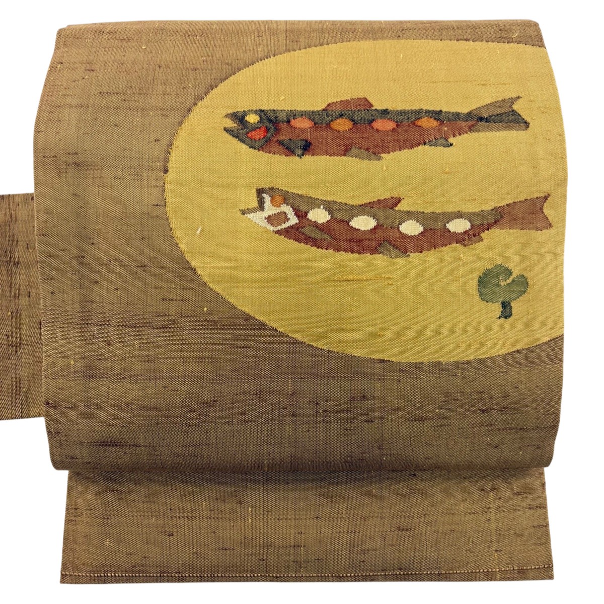 【美品】 名古屋帯 秀品 落款あり 紬地 魚 茶色 正絹 【中古】