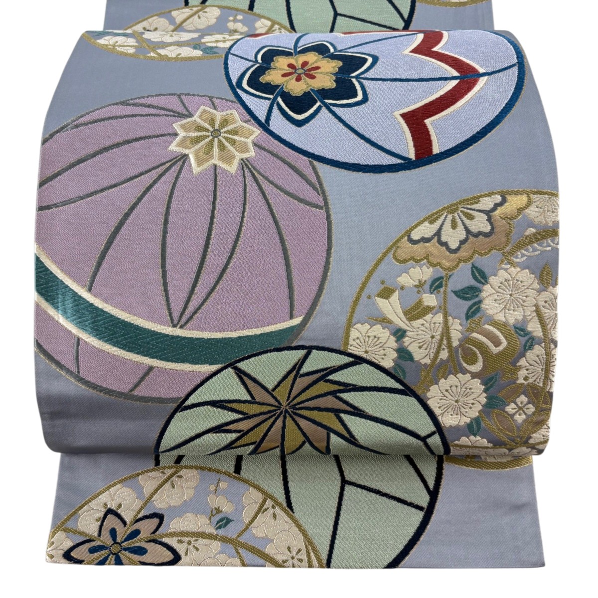 【美品】 袋帯 逸品 洛陽織物 落款あり 鞠 宝尽くし 刺繍 箔 青灰色 六通 正絹 【中古】 msp29 26,768円