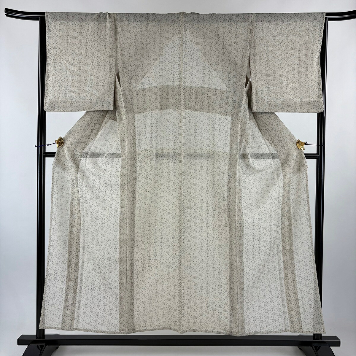 【美品】 小紋 身丈155cm 裄丈64.5cm M 薄物 紗 麻の葉 灰茶 正絹 秀品 【中古】