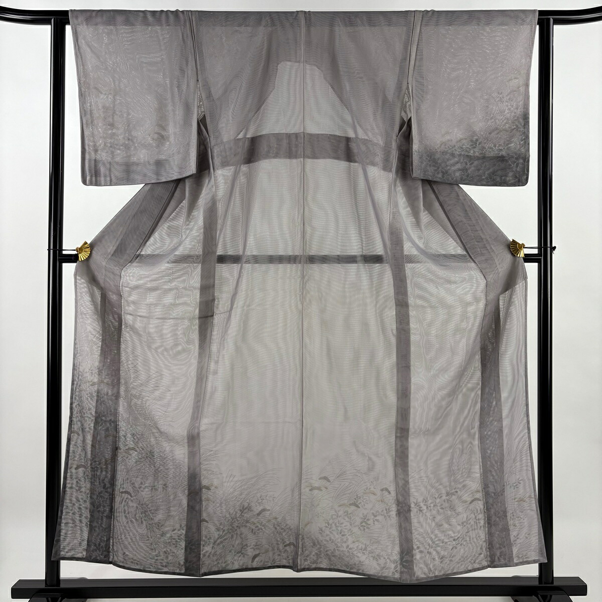 訪問着 身丈156cm 裄丈62cm S 紗袷 女郎花 萩 銀彩 ぼかし 灰色 正絹 名品 【中古】 msp30
