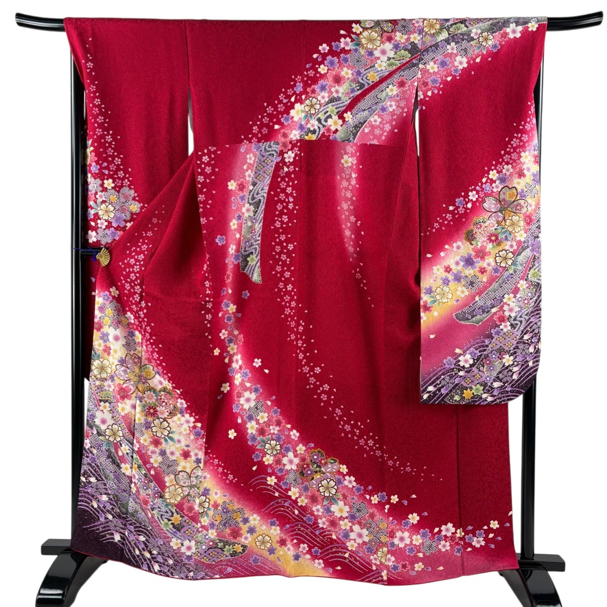 【美品】 振袖 身丈162cm 裄丈67.5cm L 袷 桜 手鞠 銀通し 金彩 赤 正絹 名品 【中古】