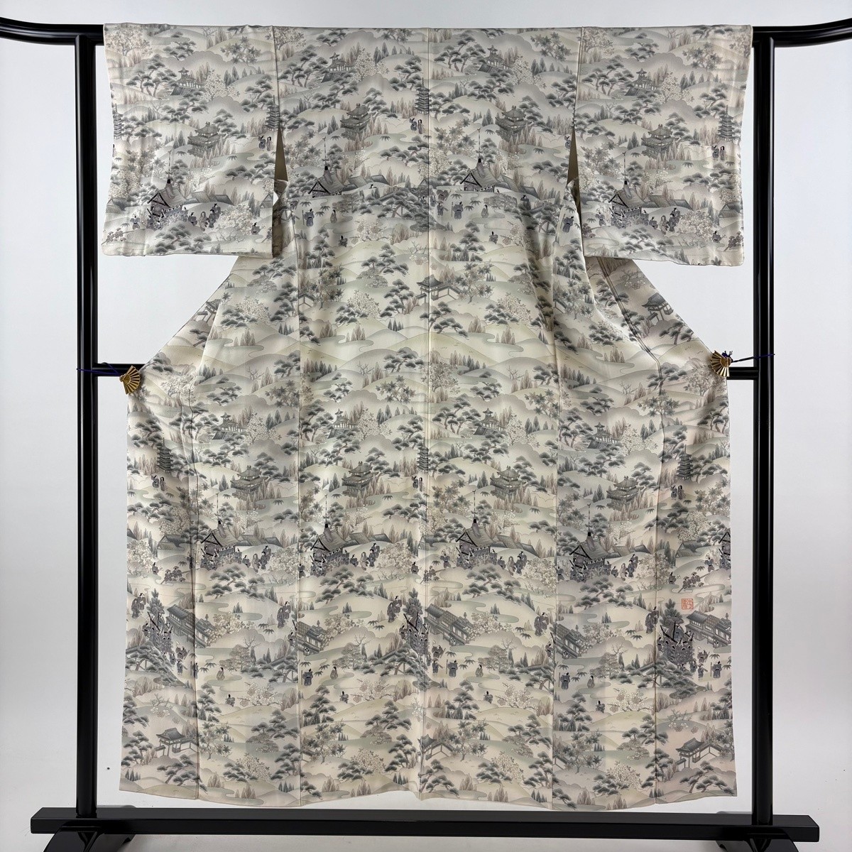 訪問着 身丈154.5cm 裄丈62cm S 袷 落款あり 山鉾 建物 金彩 クリーム 正絹 名品 【中古】