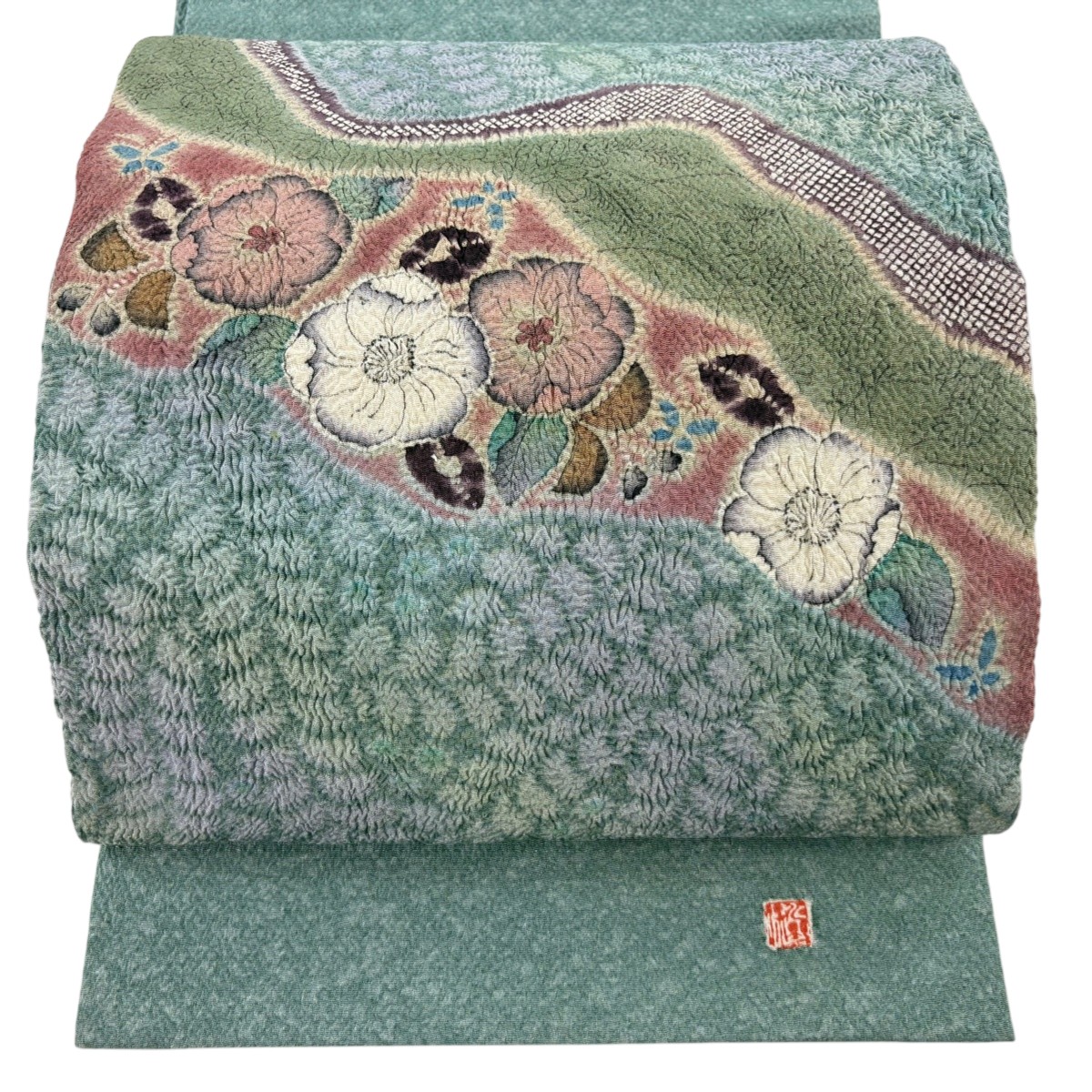 【美品】 開き名古屋帯 逸品 落款あり 辻が花 絞り 灰緑 正絹 【中古】 27,170円