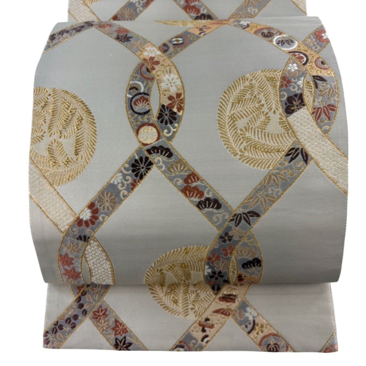 【美品】 袋帯 秀品 松丸文 草花 金糸 箔 灰茶 六通 正絹 【中古】