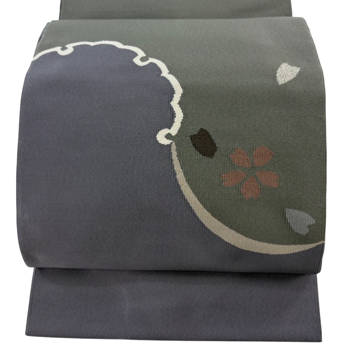 名古屋帯 秀品 八寸名古屋帯 松葉仕立て 桜 花びら 銀糸 灰紫 正絹 【中古】
