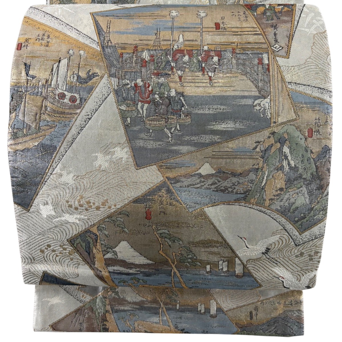 【美品】 袋帯 秀品 東海道五十三次 本金箔 銀色 お太鼓柄 正絹 【中古】