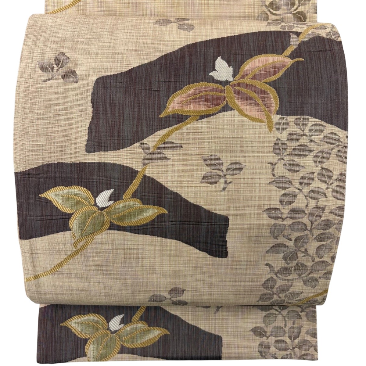 【美品】 袋帯 秀品 紬地 枝花 葉 薄茶色 六通 正絹 【中古】