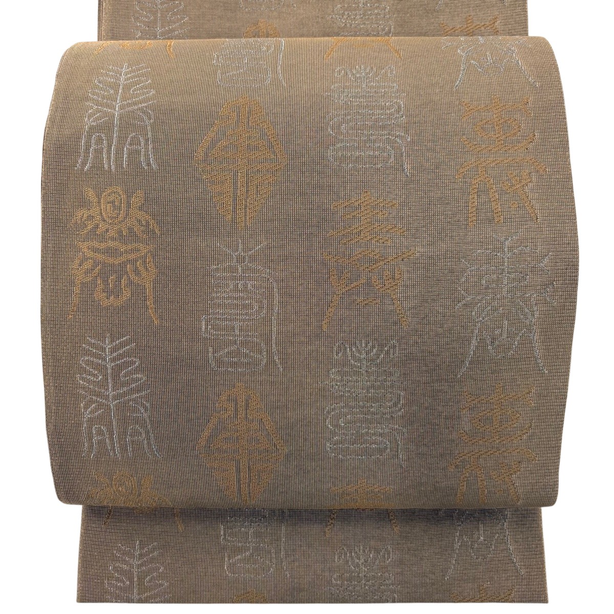 【美品】 袋帯 秀品 文字文 金銀糸 灰茶 全通 正絹 【中古】