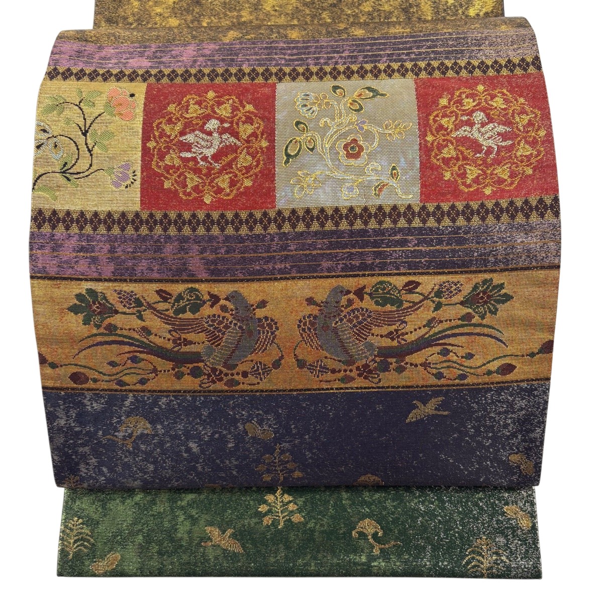 【美品】 袋帯 秀品 鳥 草花 螺鈿箔 紺色 お太鼓柄 正絹 【中古】
