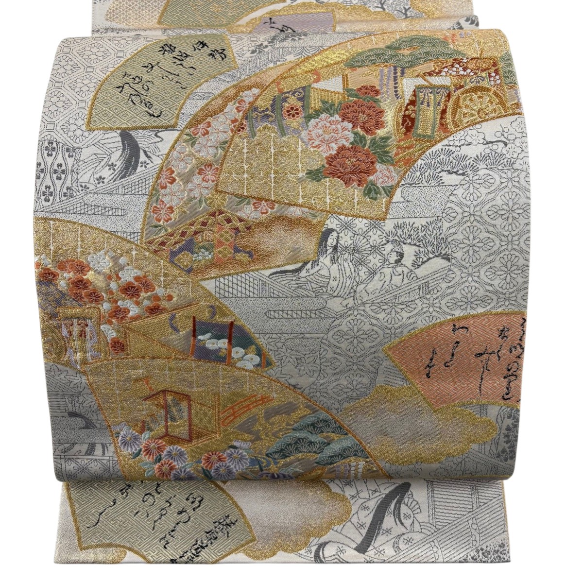 【美品】 袋帯 秀品 扇面 御所車 箔 金糸 ベージュ お太鼓柄 正絹 【中古】