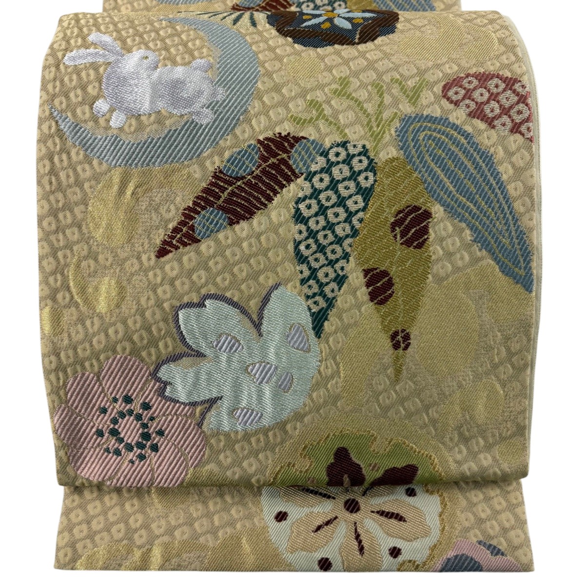 袋帯 逸品 誉田屋源兵衛 落款あり 松竹梅 うさぎ 金銀糸 刺繍 ベージュ 六通 正絹 【中古】