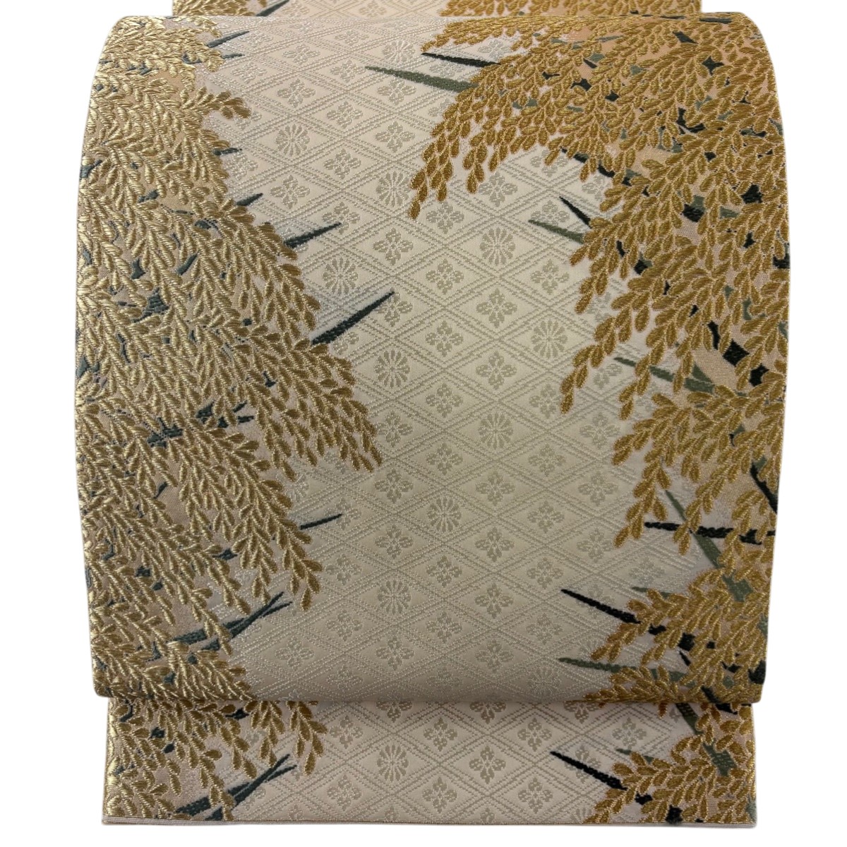 【美品】 袋帯 逸品 山口美術織物 落款あり 菱地豊穣文 金糸 刺繍 ベージュ 六通 正絹 【中古】 msp29
