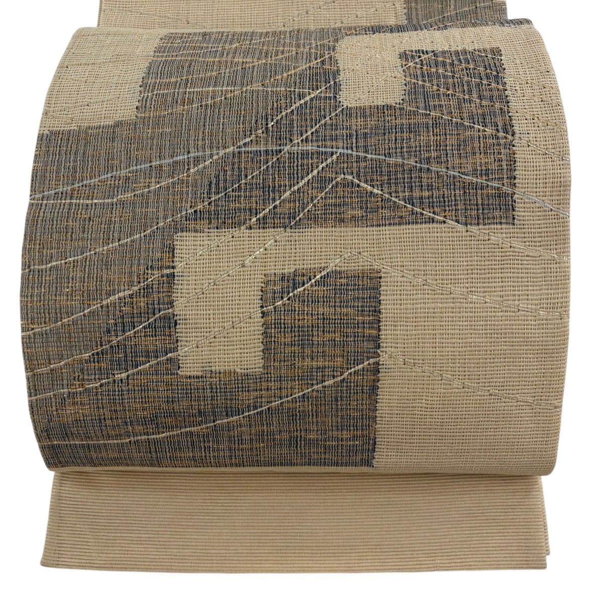袋帯 秀品 夏帯 絽 幾何学 箔 ベージュ お太鼓柄 正絹 【中古】