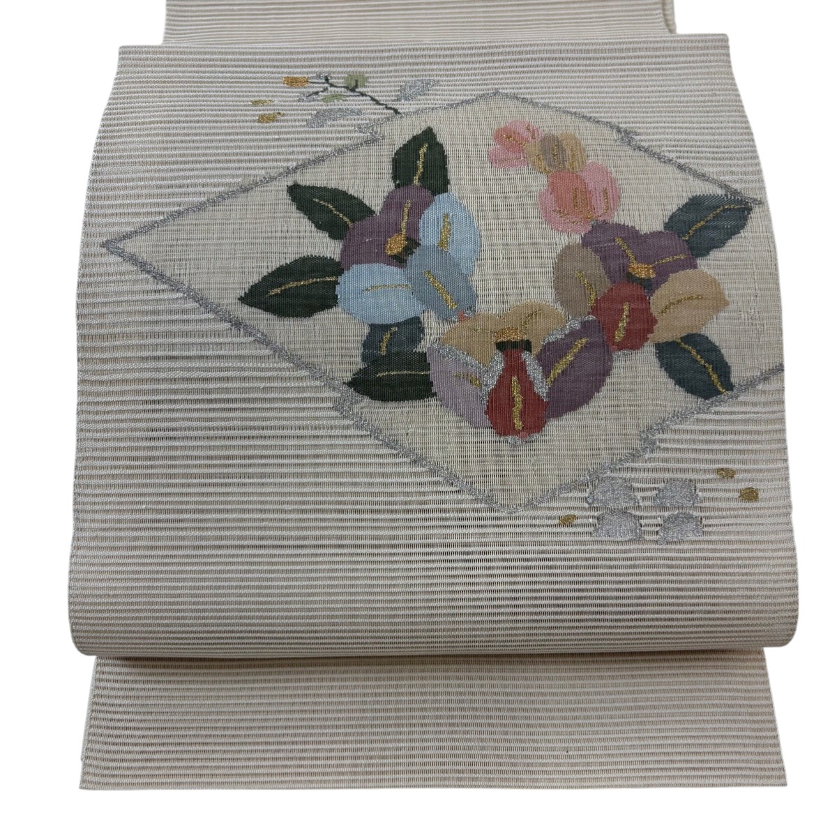 【美品】 名古屋帯 名品 夏帯 絽 八寸名古屋帯 松葉仕立て 椿 松皮菱 金銀糸 ベージュ 正絹 【中古】