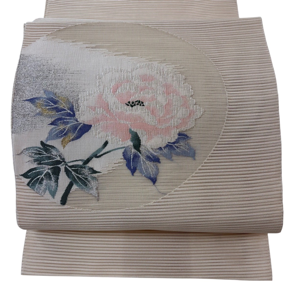 【美品】 名古屋帯 名品 河村織物 落款あり 夏帯 絽 八寸名古屋帯 松葉仕立て 牡丹 金銀糸 ベージュ 正絹 【中古】