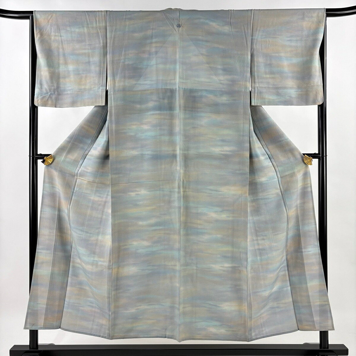 小紋 身丈153.5cm 裄丈64.5cm M 薄物 絽 霞 青灰色 正絹 名品 一つ紋 【中古】