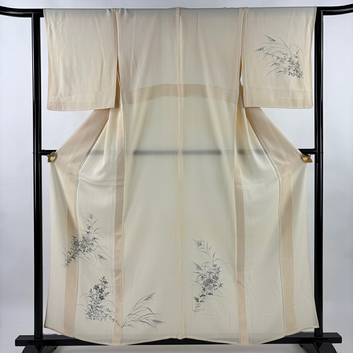 付下げ 身丈157.5cm 裄丈63cm S 薄物 縦絽 草花 金彩 ベージュ 正絹 名品 【中古】 msp30