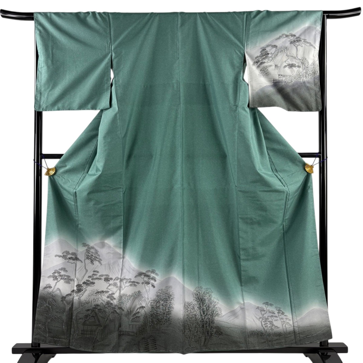 【美品】 訪問着 身丈159.5cm 裄丈66.5cm M 袷 紬地 家屋 松 ぼかし 灰緑 正絹 秀品 【中古】