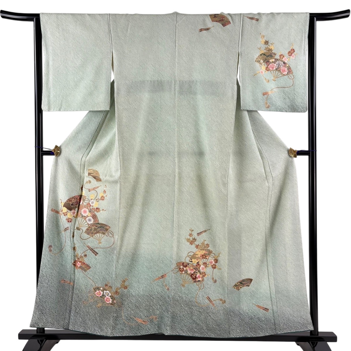 小紋 身丈155.5cm 裄丈64cm M 袷 扇 菊 絞り 金彩 緑 正絹 秀品 【中古】