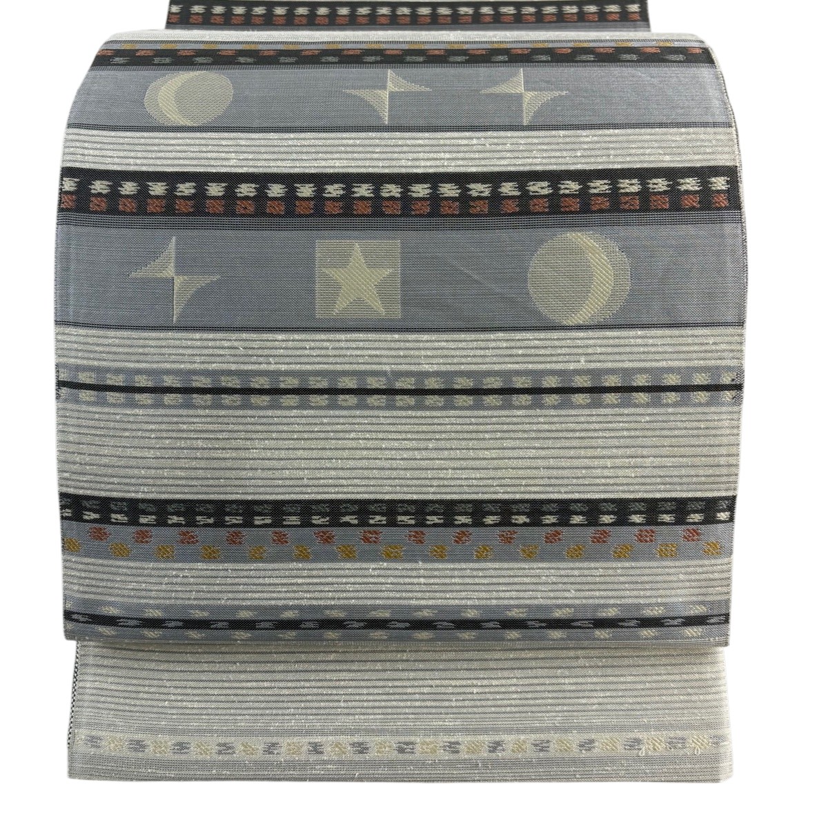 袋帯 名品 紬の里 古賀勝幸 縞 星 灰色 全通 正絹 【中古】