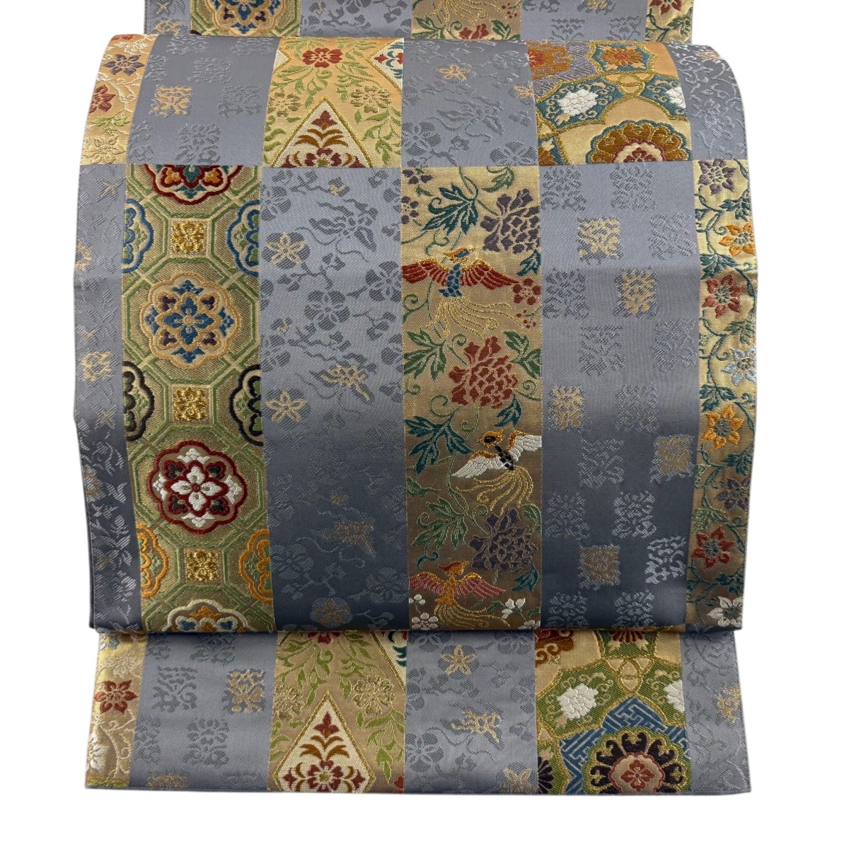 袋帯 名品 華文 草花 金糸 箔 灰色 六通 正絹 【中古】