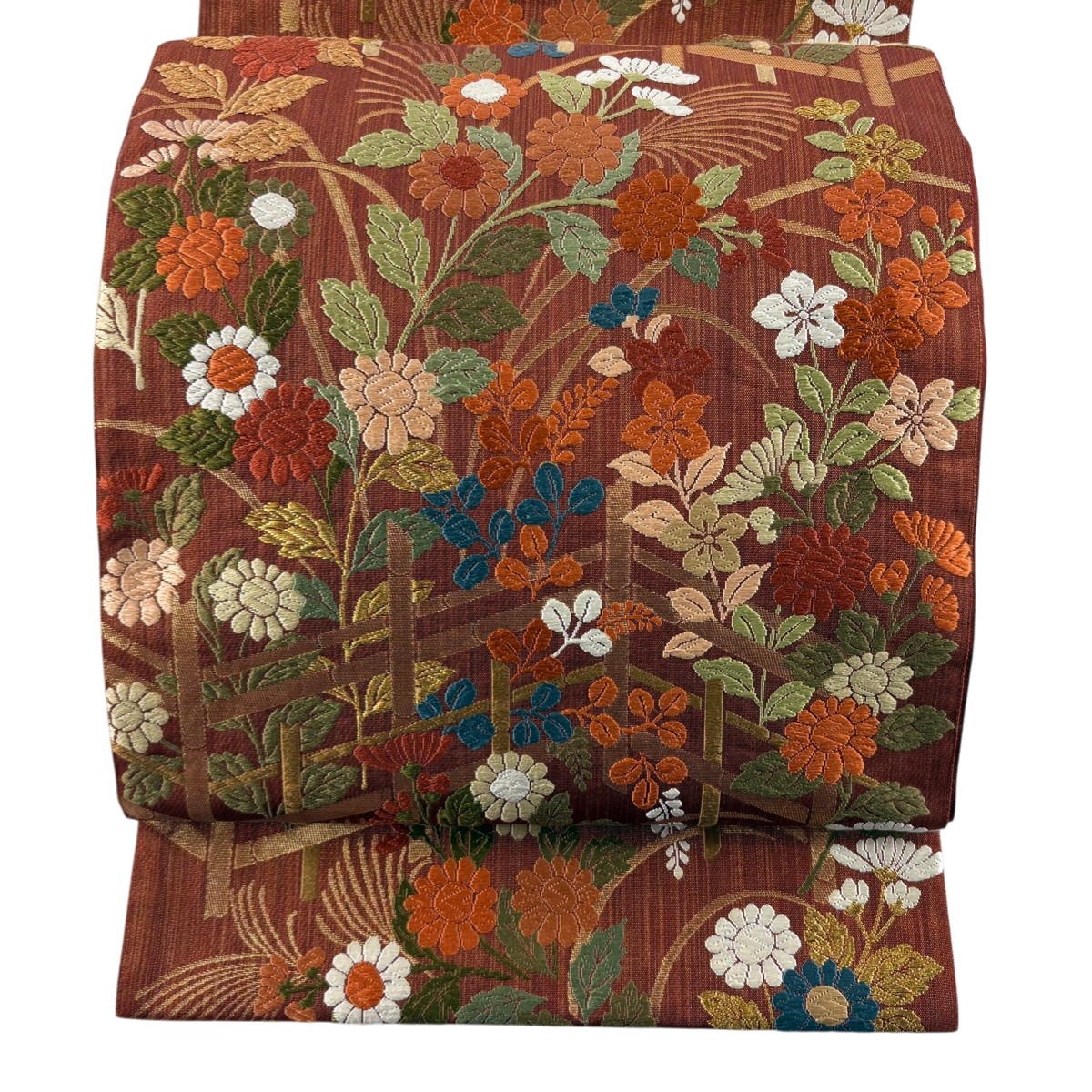 袋帯 名品 草花 竹垣 唐織 金糸 赤茶 六通 正絹 【中古】