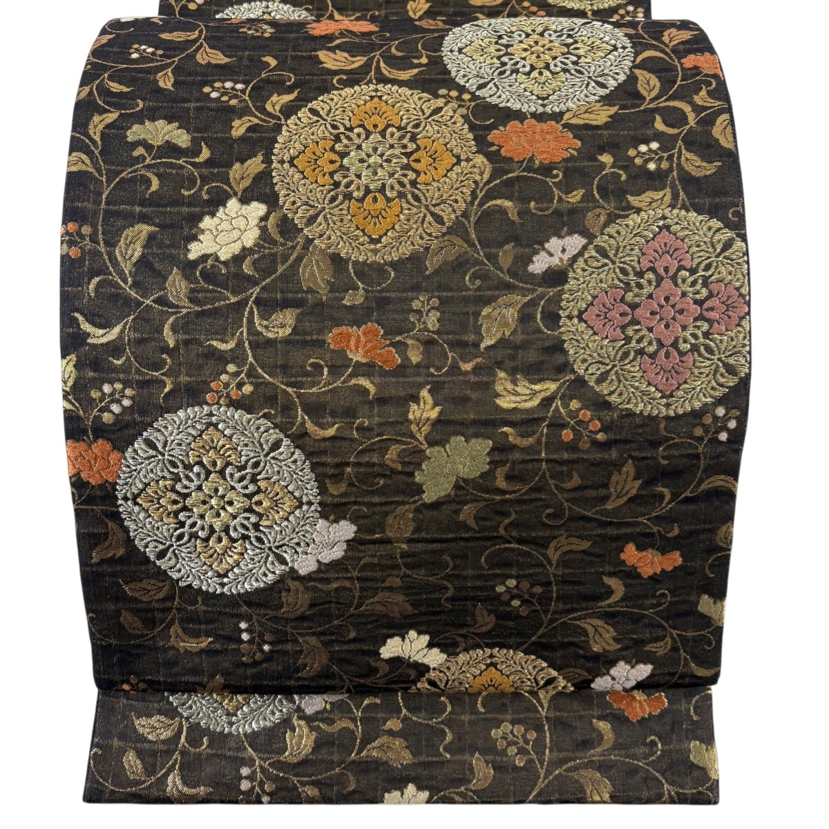 袋帯 名品 八つ藤文 花唐草 金銀糸 箔 焦茶色 六通 正絹 【中古】