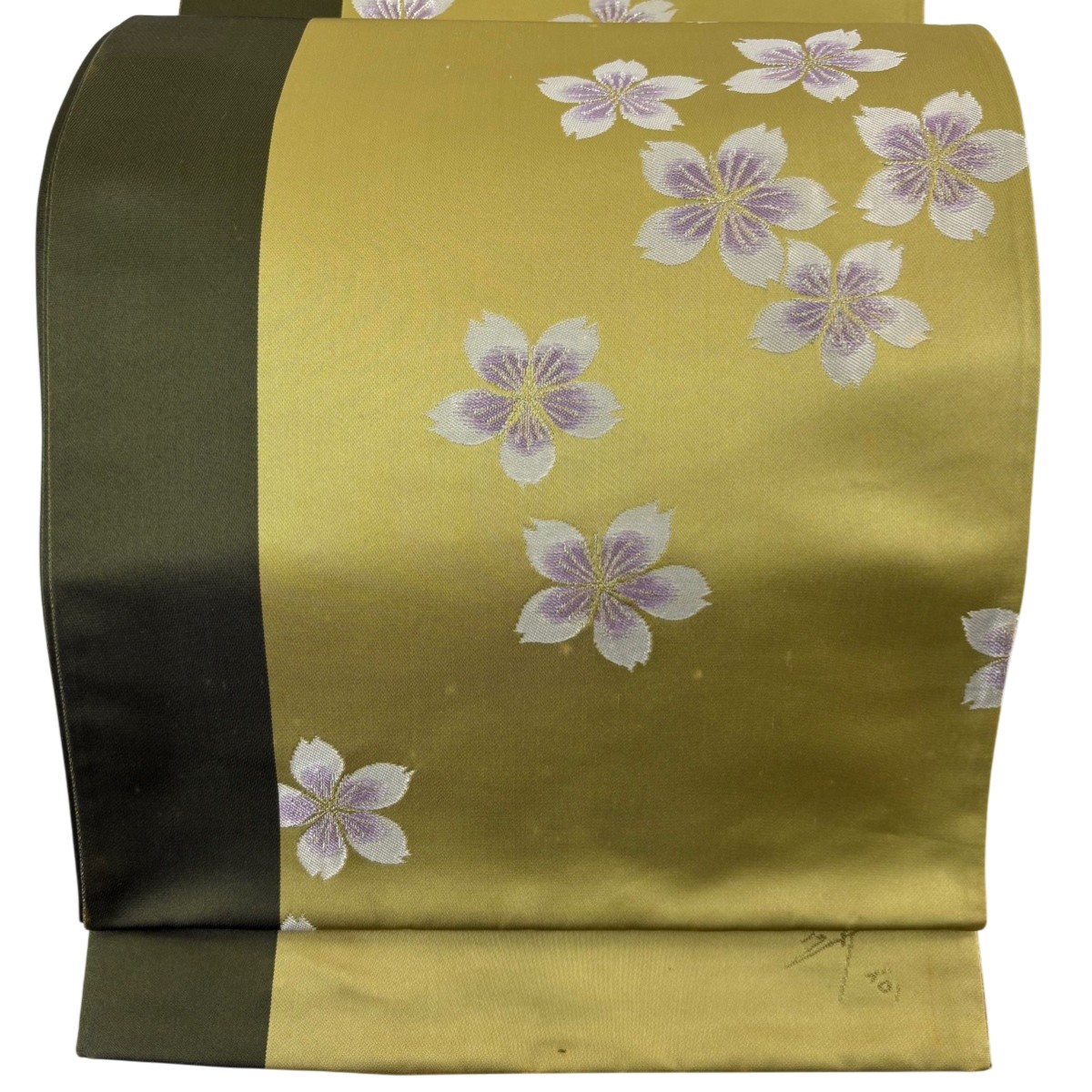 袋帯 名品 辻村ジュサブロー 落款あり 桜 銀糸 抹茶色 六通 正絹 【中古】