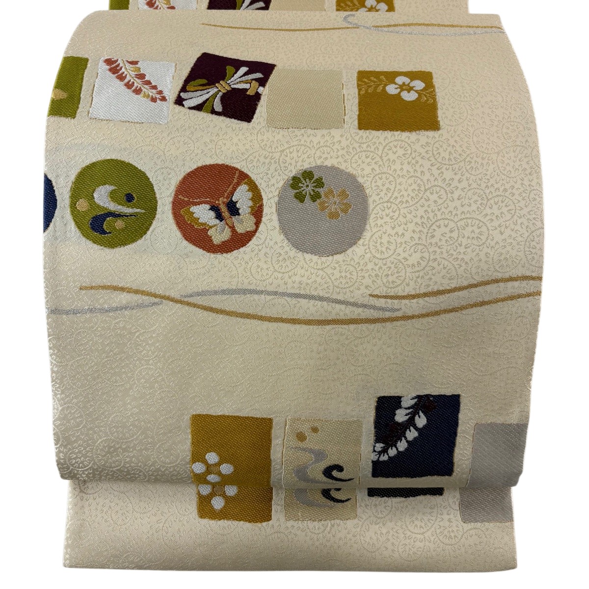 袋帯 名品 蝶 桜 金銀糸 刺繍 ベージュ 六通 正絹 【中古】
