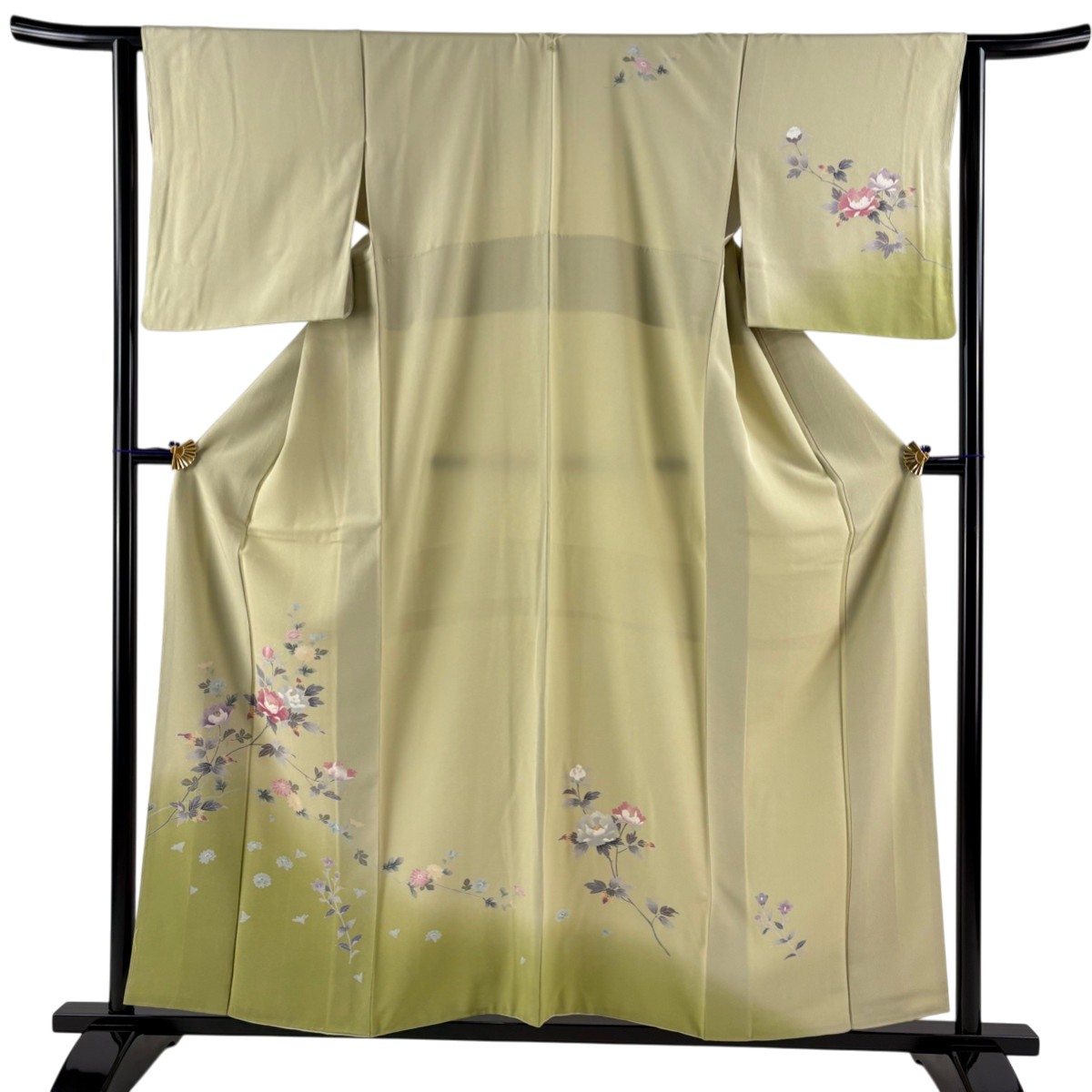 【美品】 付下げ 身丈157.5cm 裄丈63cm S 袷 牡丹 草花 染め分け ぼかし 抹茶色 正絹 秀品 一つ紋 【中古】 msp30