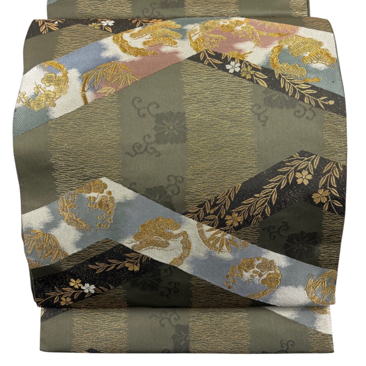 【美品】 袋帯 秀品 花丸文 桜 金糸 箔 鶯色 六通 正絹 【中古】