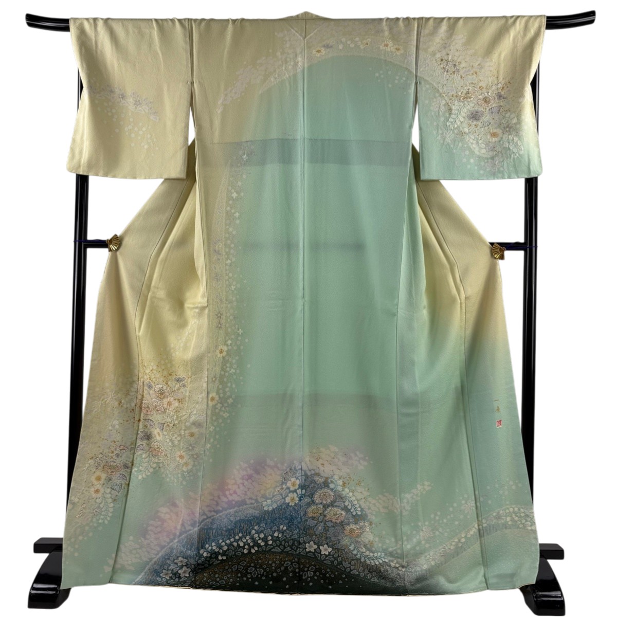 【美品】 訪問着 身丈171cm 裄丈69.5cm L 袷 吉乃一廉 落款あり 辻が花 金彩 染め分け 抹茶色 正絹 逸品 【中古】