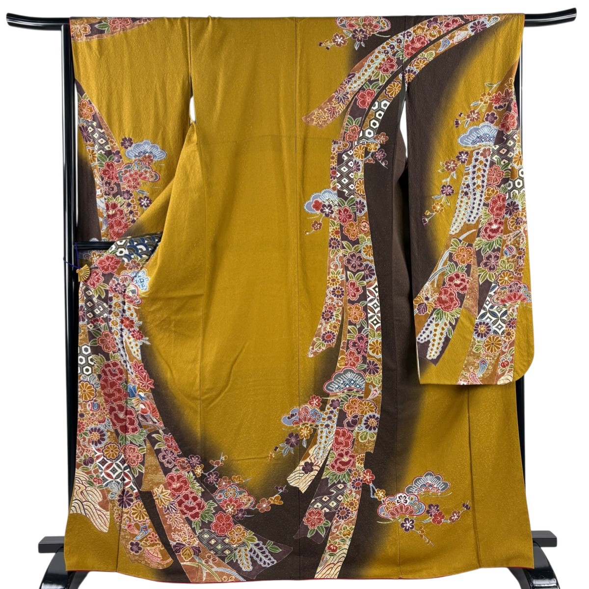 【美品】 振袖 身たけ169.5糎 裄丈67.5糎 L 袷 中仕切り 名取り草 金通し 金彩 山吹赤銅色 正絹 珠玉 【中古】