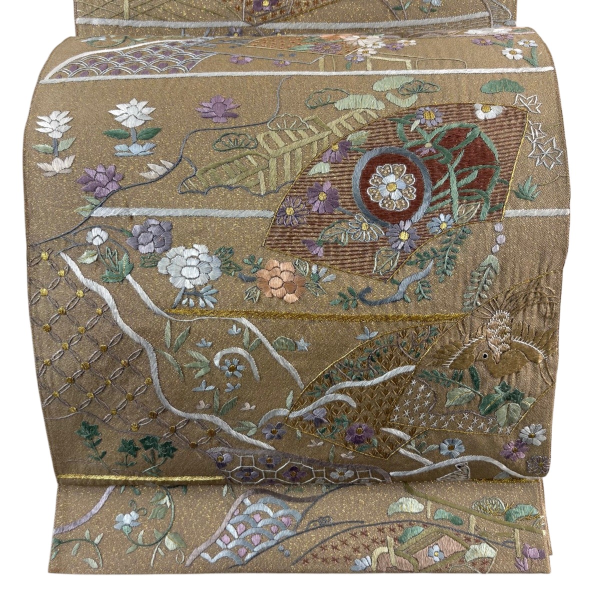 袋帯 逸品 扇面 花鳥 金糸 刺繍 薄黄土色 六通 正絹 【中古】