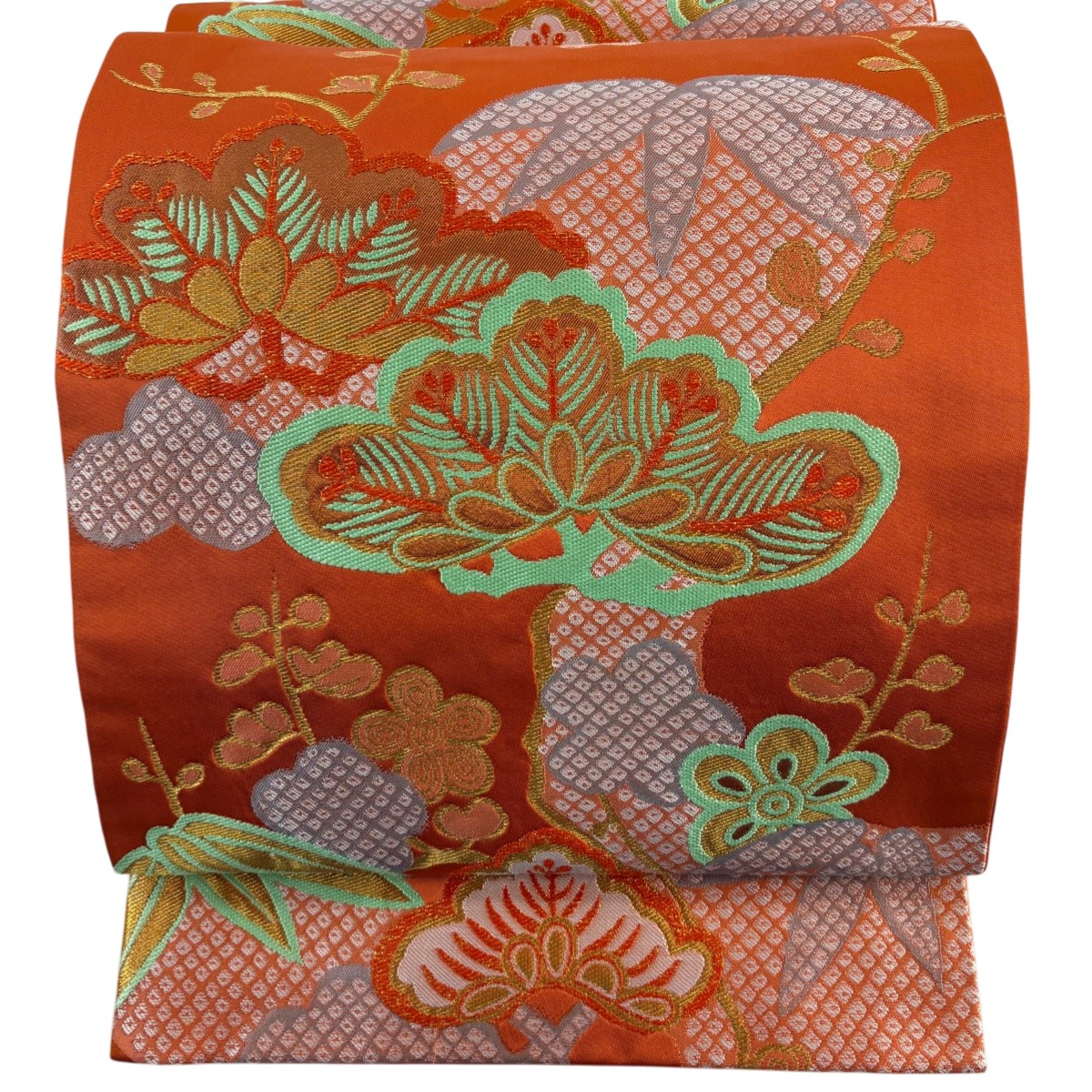 【美品】 袋帯 逸品 龍村晋 落款あり 松竹梅 疋田 金糸 刺繍 オレンジ 全通 正絹 【中古】 msp29