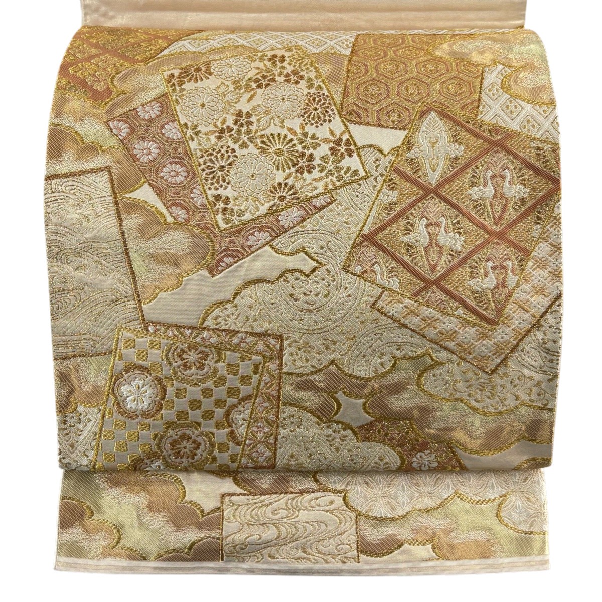 【美品】 袋帯 逸品 河村織物 落款あり 雲取色紙重文 箔 金糸 金色 六通 正絹 【中古】