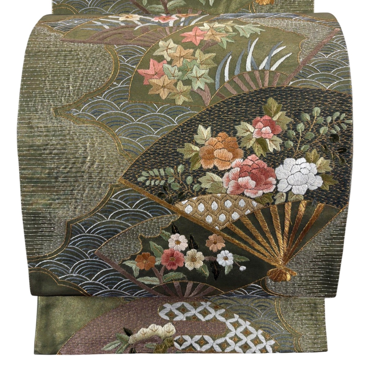 【美品】 袋帯 逸品 扇 草花 刺繍 金銀糸 緑 六通 正絹 【中古】