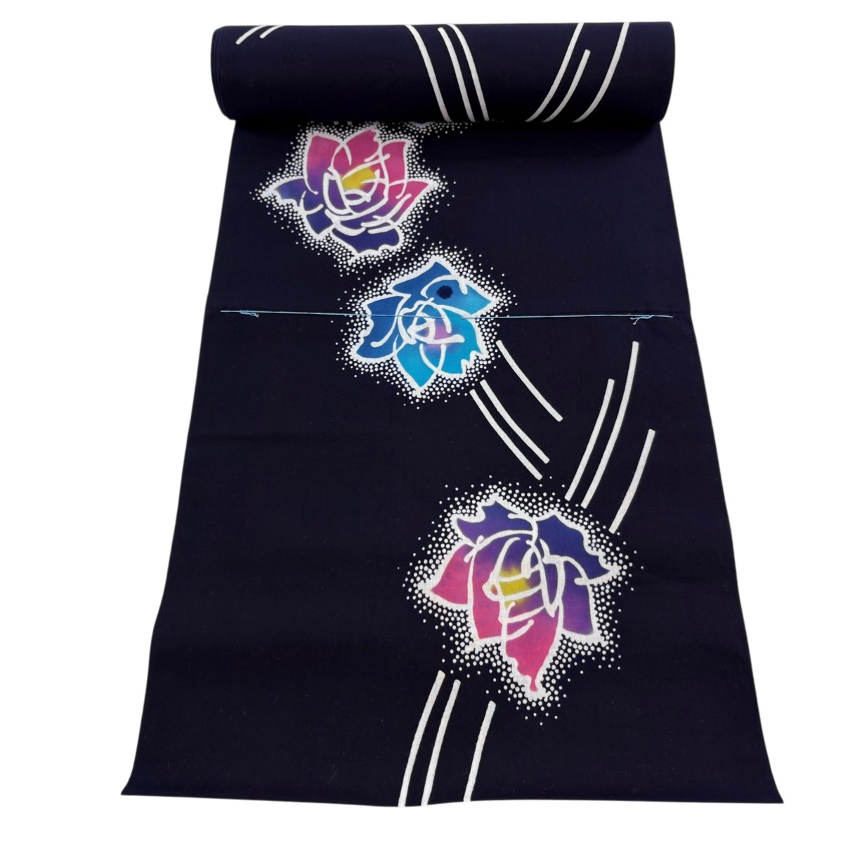 反物 優品 浴衣 薔薇 斜縞 濃紺 綿 【中古】