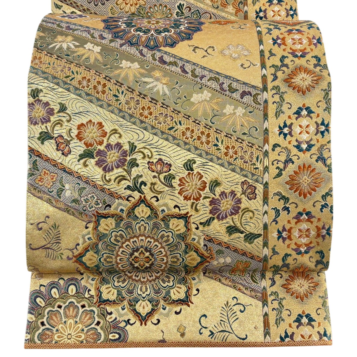 【美品】 袋帯 逸品 王朝献上宝飾華文 雪輪 金糸 箔 金色 六通 正絹 【中古】
