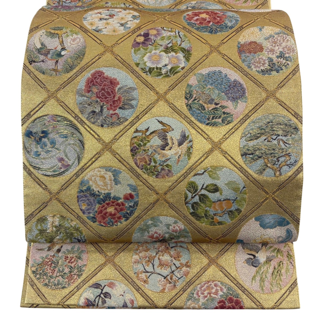【美品】 袋帯 逸品 二百花鳥絵図 壱千八百精細織 格天井 草花 金糸 箔 金色 六通 正絹 【中古】