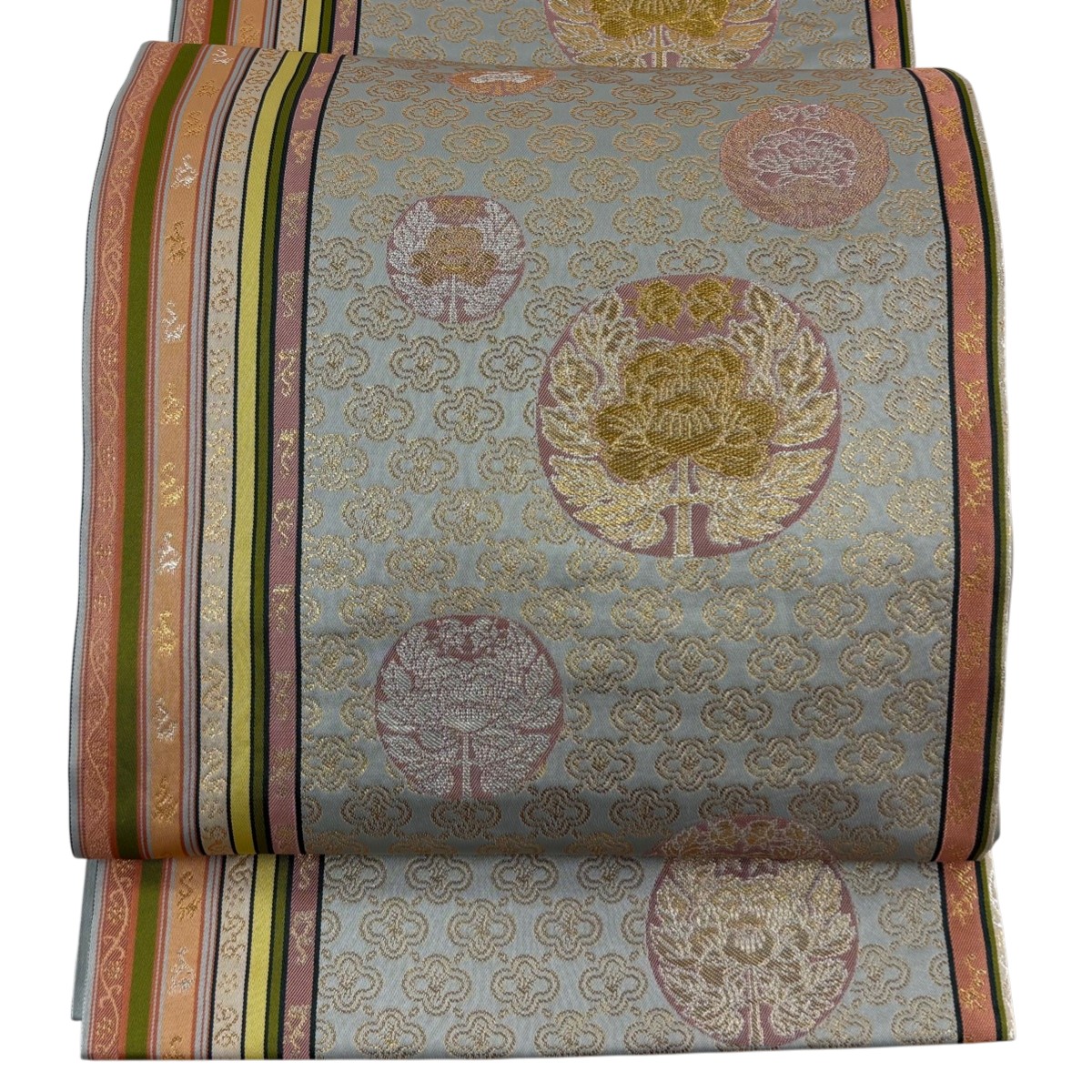 【美品】 袋帯 逸品 龍村晋 落款あり 陽明間道錦 草花 縞 箔 灰緑 全通 正絹 【中古】