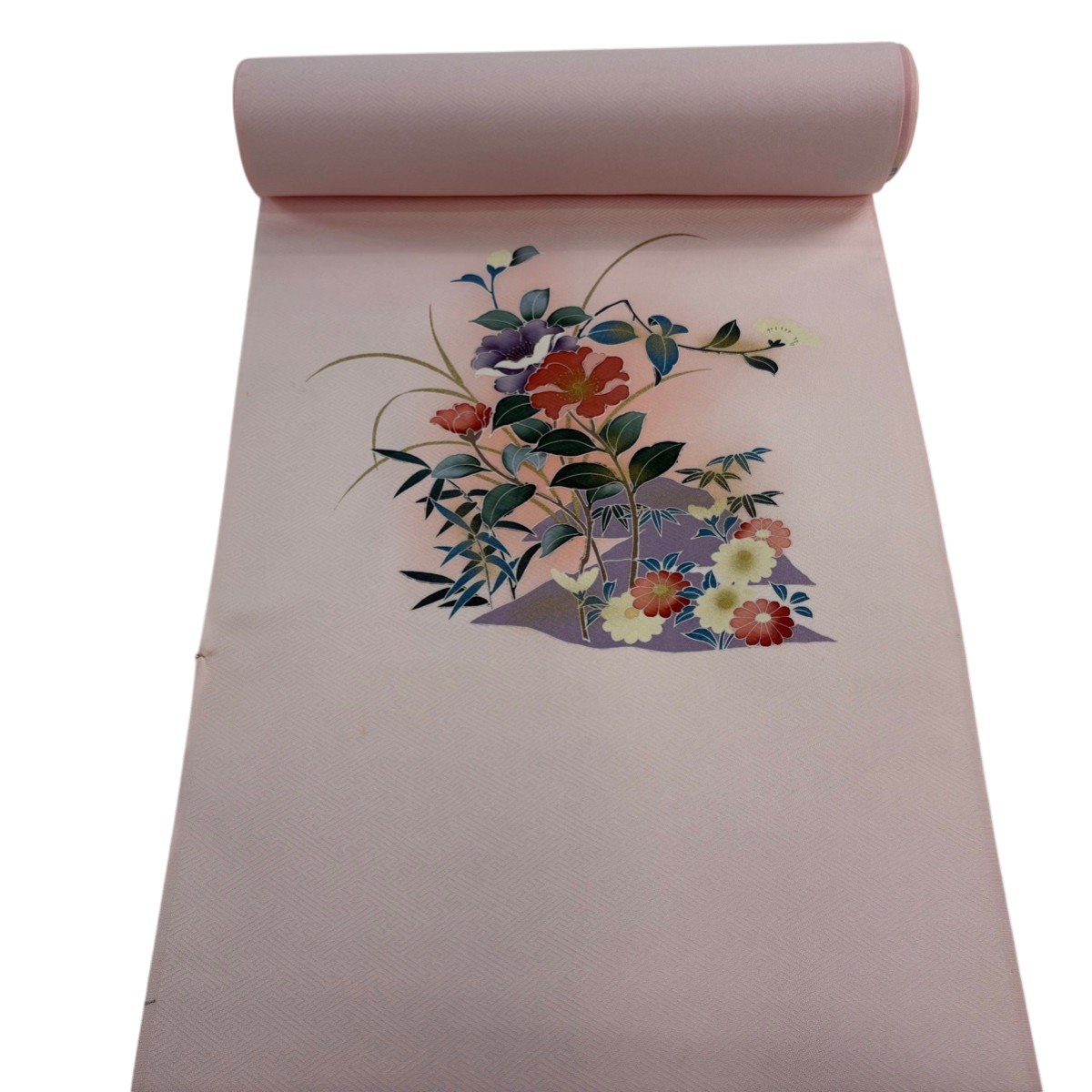 反物 秀品 付下げ 草花 金彩 ぼかし 薄ピンク 正絹 【中古】