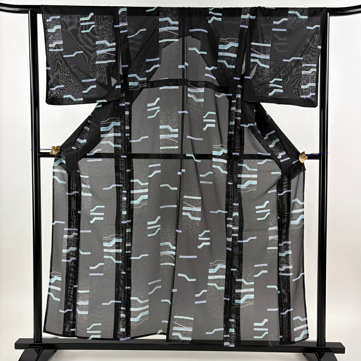 小紋 身丈158cm 裄丈63cm S 薄物 絽 幾何学 黒 正絹 秀品 【中古】