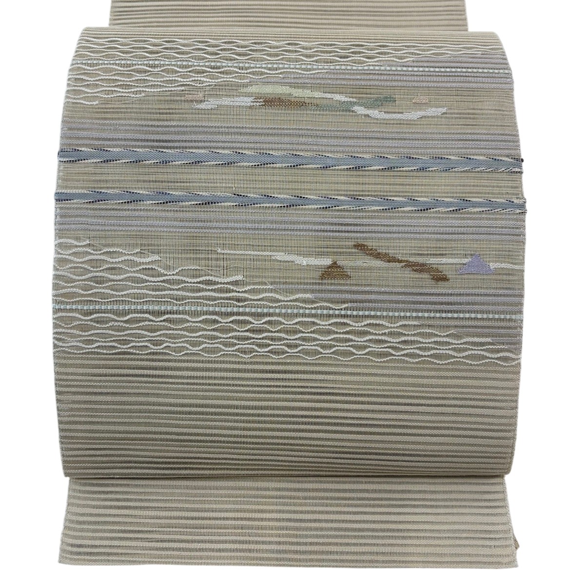 【美品】 名古屋帯 名品 夏帯 絽 八寸名古屋帯 幾何学模様 金銀糸 灰緑 正絹 【中古】