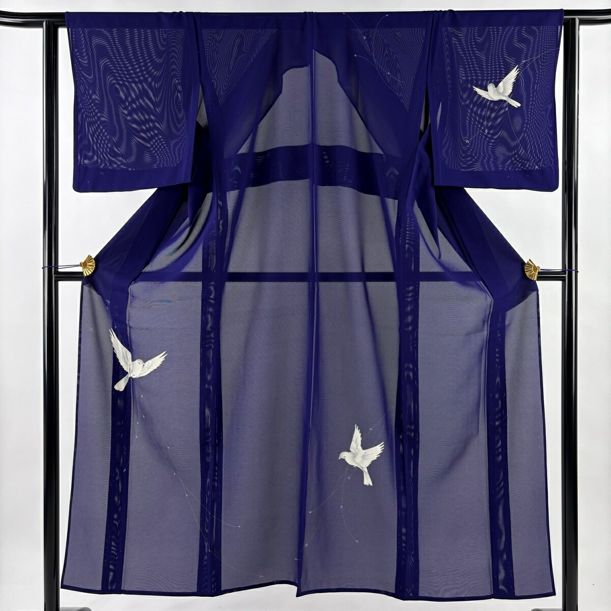 付下げ 身丈152.5cm 裄丈62cm S 薄物 絽 鳥 枝葉 金彩 紫 正絹 秀品 【中古】