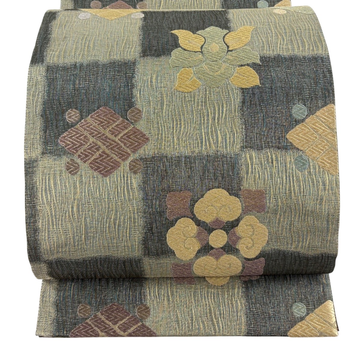 【美品】 袋帯 秀品 市松 菱 金糸 灰緑 六通 正絹 【中古】