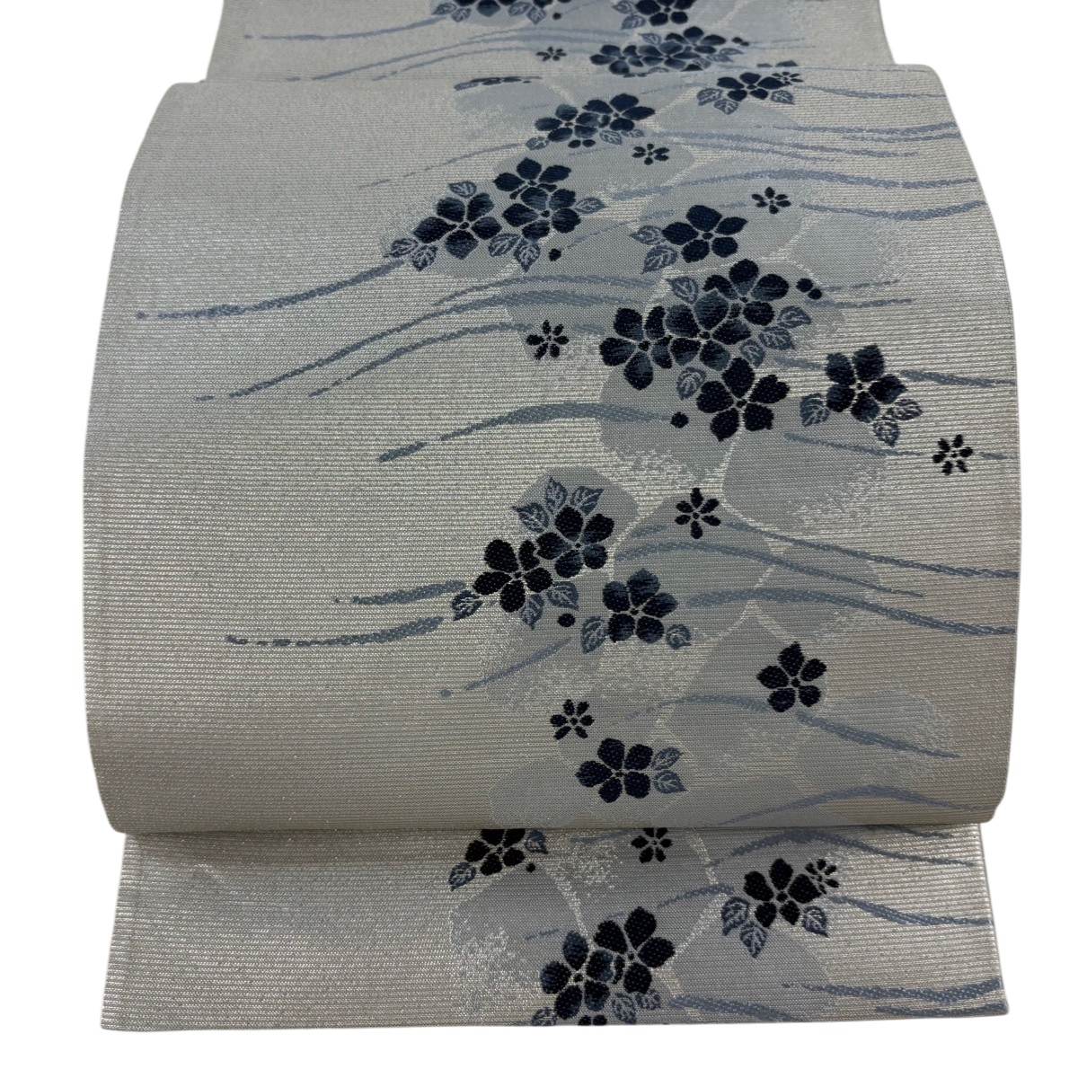 袋帯 名品 草花 霞 箔 銀色 六通 正絹 【中古】