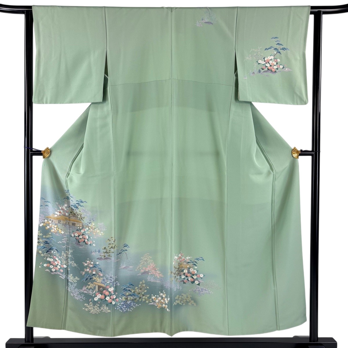 【美品】 訪問着 身丈152cm 裄丈62.5cm S 袷 建物 松竹梅 ぼかし 薄緑 正絹 秀品 【中古】