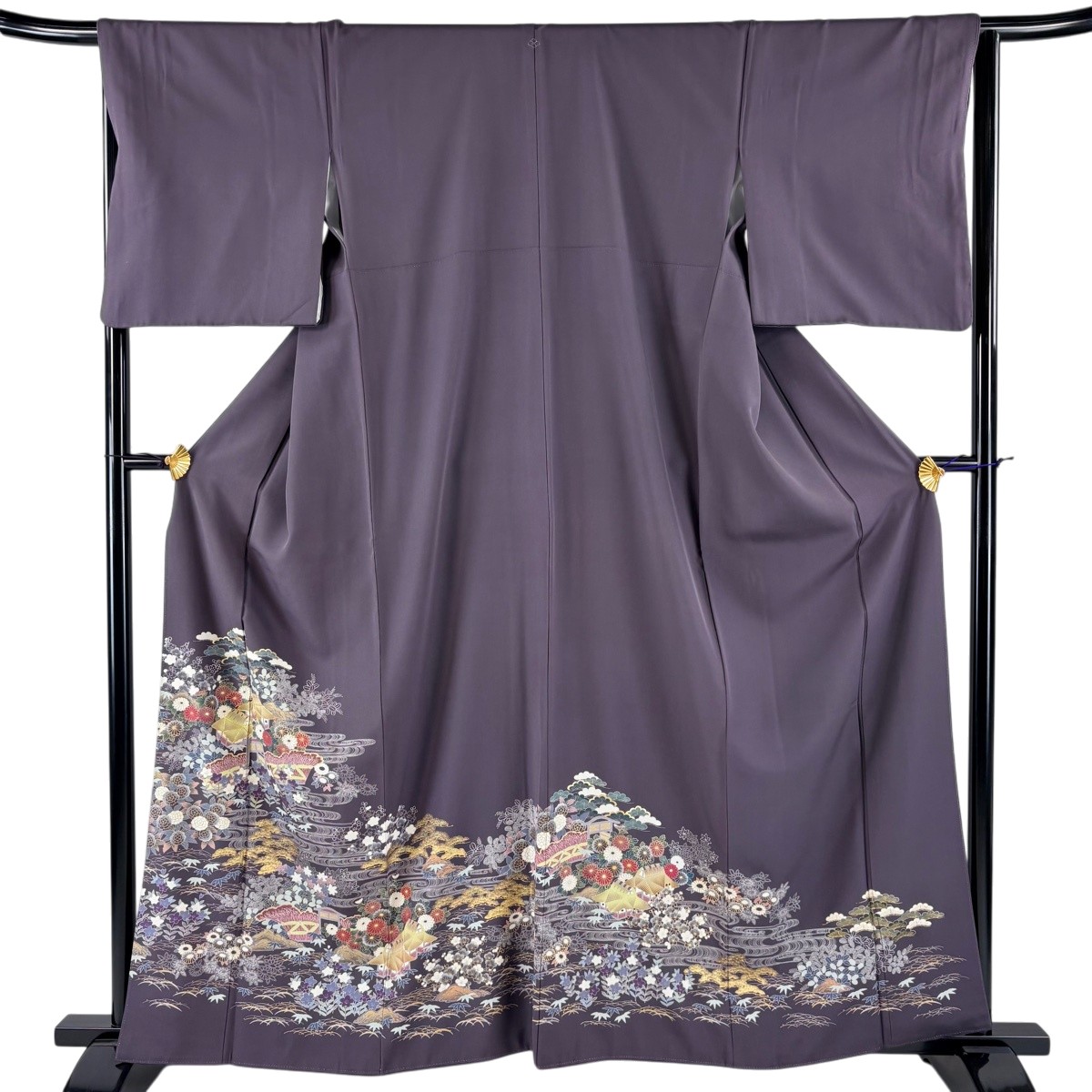 色留袖 身丈161cm 裄丈66cm M 袷 建物 松竹梅 金糸 金彩 灰紫 正絹 秀品 一つ紋 【中古】