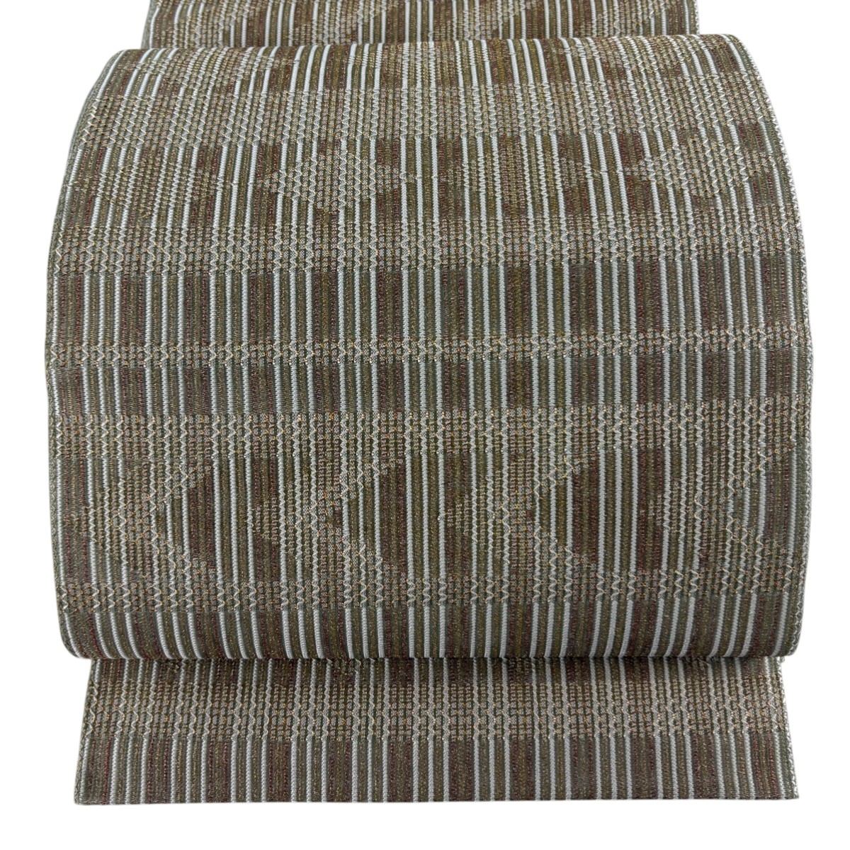 【美品】 袋帯 秀品 夏帯 縞 幾何学模様 金糸 薄茶色 全通 正絹 【中古】